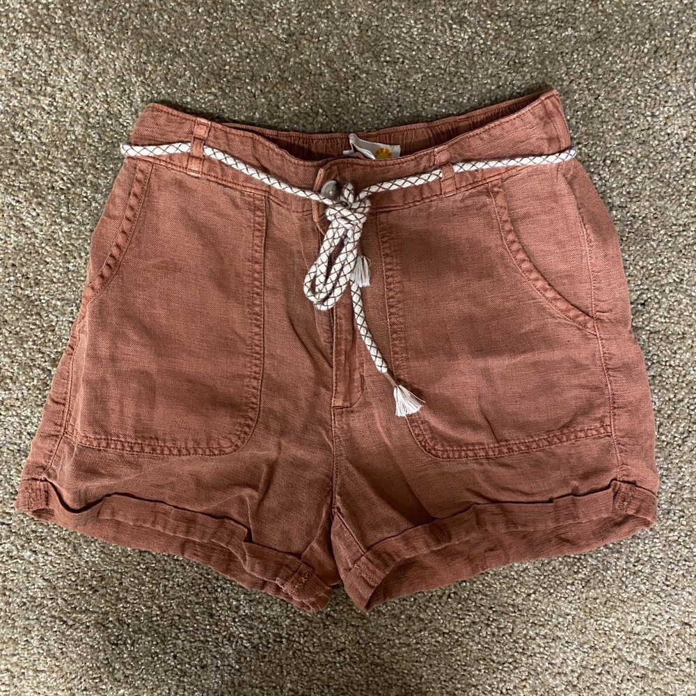 C&C California Linen Shorts Women 4 Brown High Rise Pockets Beach Rope Belt